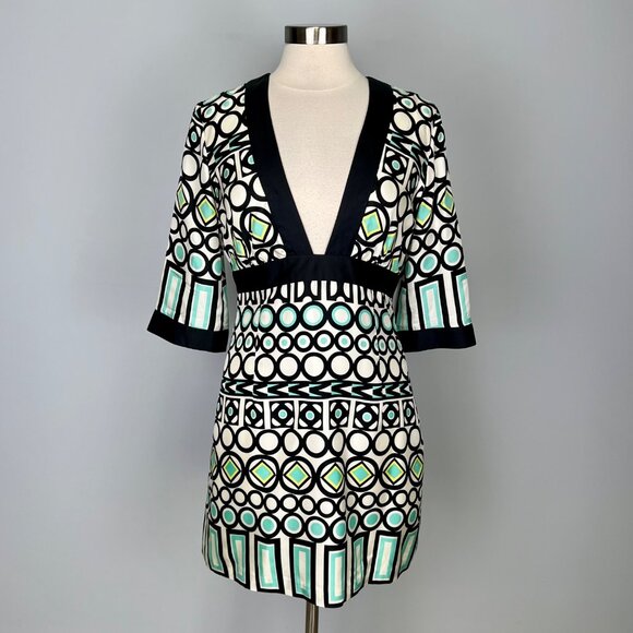 Milly New York Womens Silk Geometric Print Dress Ivory Black Aqua Blue size 10 - Picture 3 of 12